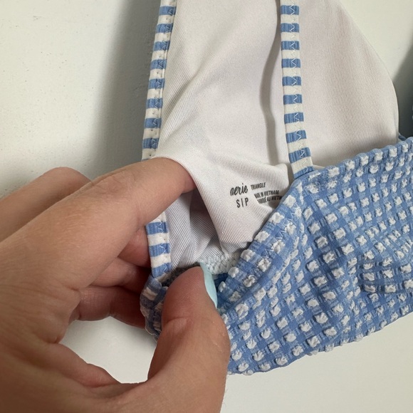 AERIE seersucker ruffle longline triangle bikini top plaid blue and white Size S - Picture 7 of 10